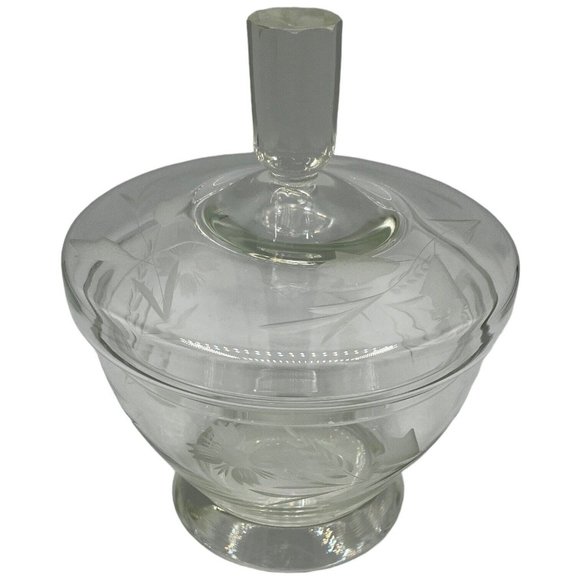 Vintage Engraved Floral Crystal Candy Dish with Lid Clear Glass READ - Picture 2 of 14